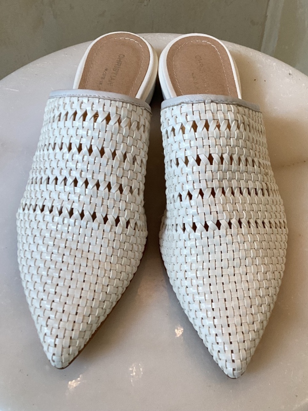 CHRISTIAN DI RICCIO - WHITE ITALIAN WOVEN LEATHER MULE - 1” HEEL  SIZE 37 EU